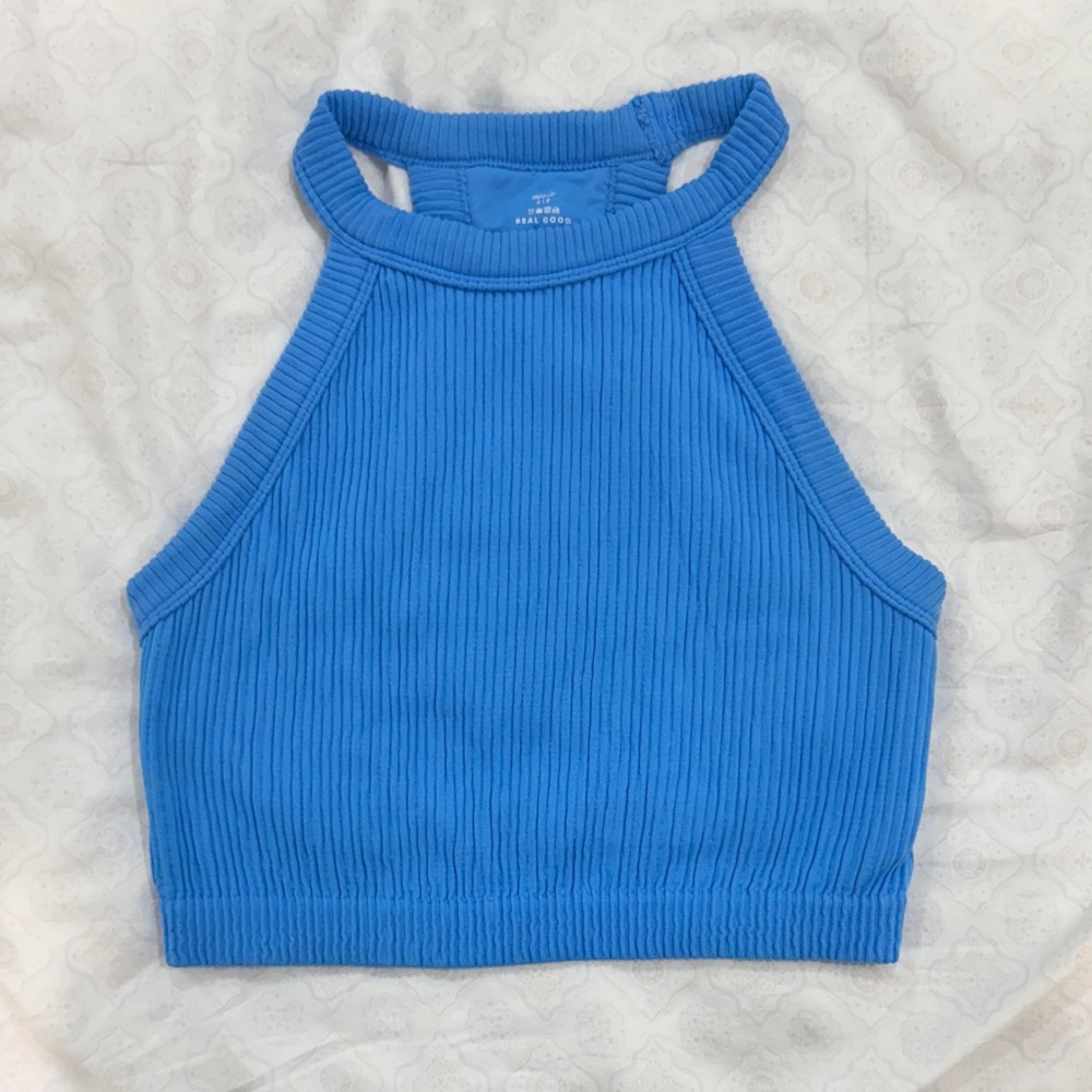 Aerie Blue Ribbed Cropped Halter Top